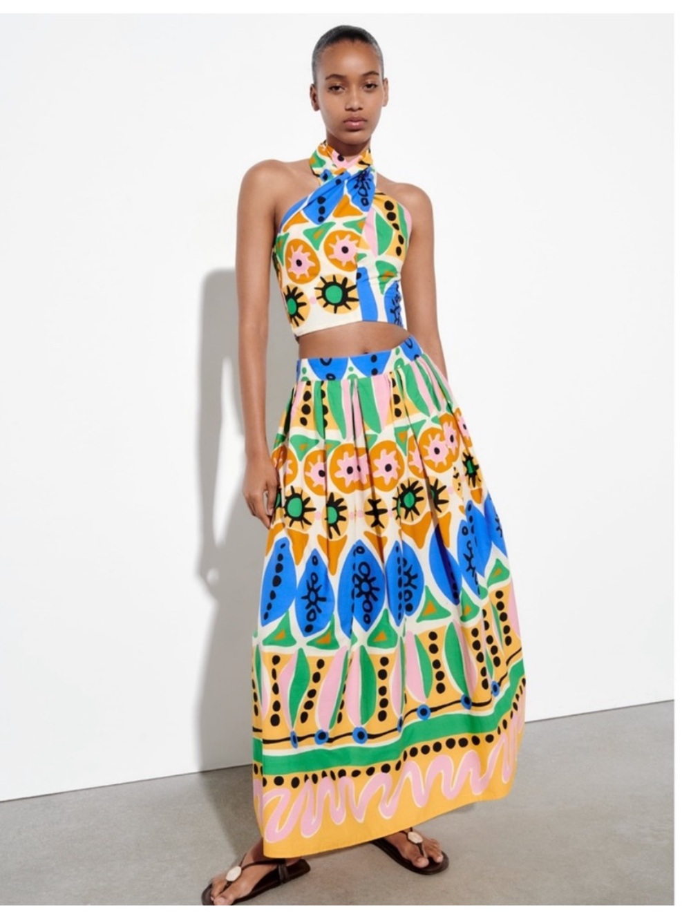 Zara Multicolor Graphic Halter Crop Top & Printed Midi Skirt Set
